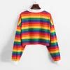 Kvinnor Pikétröja Kvinnor Sweatshirt Långärmad regnbåge färg damer Hoodies med knapp Striped Korean Harajuku Sweatshirt 210518