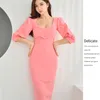 Spring Office Lady Work Dress Elegant single-breasted Puff Sleeve Slim split dress Formal Business 210603