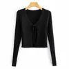 Lace Up Knitted Blouse Shirt Women Sexy V Neck Black Crop Top and Ribbed Slim Summer Blusas 210427