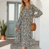 Старинные леопардовые напечатанные женские платья повседневные с длинным рукавом кнопка Mid-Calf Boho Beach Spring Осеннее платье Femme W193 210526