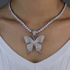 Establecimiento Big Butterfly Colgante Collar Hip Hop helado Cadena de diamantes de imitación para mujeres Joyería de Choker de Animales de Animales de Mujeres BLING