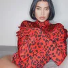 Vintage Kırmızı Leopar Baskı Beltizli Uzun Kollu Sıska Bodysuit, Glovers ile Sonbahar Seksi Parti Küpe Kıyafet Bodycon Vücut Top 210728