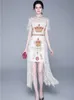 Runway Vintage Crown Print For Women Short Sleeve Stand Collar Sexy Perspective Lace Patchwork Mid-Calf Length Dress 210416