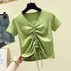 Wwenn Cotton Lace Up V-hals Basic Fold T-shirt Zomer Korte Mouw Sexy T-shirt Crop Tops Tee Shirt Femme Dameskleding 210507