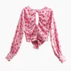 Mode Cherry Print Cut Out Crop Top Dames Zomer Chic High Street Knot Blouses Vrouw Lange Mouw Backless Tunic Tops 210430