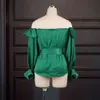 Women Blouses Tops Shirts Off Shoulder Ruffles Long Lantern Sleeves Sexy Christmas with Waist Belt Spring Fashion Lady Bluas 210416