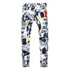 Men Autumn Hip Hop Denim Jeans Classic Spaper Letter Printed Casual Slim Cowboys Trousers Man Young Fashion White234I