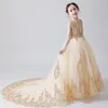 2021 Ucuz Allık Altın Çiçek Kız Elbiseler Uzun Kollu Düğünler Için Dantel Aplikler Balo Doğum Günü Kız Communion Pageant Abiye