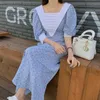 Koreansk Elegant Retro Fyrkantig Hals Stripe Stitching Floral Midi Klänning Kvinna Lace Midja Puff Sleeve Klänning A-Line Dress Vestidos 210514