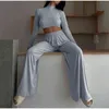 Sexy Deux Pièces Ensemble Femmes Skinny Col Roulé À Manches Longues Haut Court Et Élastique Large Jambe Pantalon Costume Élégant Femme Solide Survêtement 211116