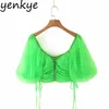 Sexy Semi-Sheer Verde Malha Top Mulheres Lanterna Luva Quadrado Pescoço Side Drawstring Crop Crop Curta Blusa Verão S 210514