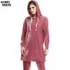 Lente vrouwen fluwelen hoodies losse fit lange casual sweatshirts met hoed hoody effen rode kleur truien onregelmatige tops 210416