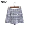 NSZ Women Tweed Plaid Skirt Short Double Breasted High Waist Elegant Ladies Checked Pants 210719