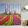 Tulip Flower Garden Shower Curtain Summer Travel Country House Windmill Bathroom Decoration Waterproof Cloth Screen Curtains6598325