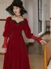 victorian square collar long sleeve elegant red autumn winter velvet midi dress for women ruched strawstring 210421