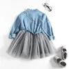 New Spring Autumn Baby Girl Dress Denim Mesh Patchwork Princess Girl Dress Long Sleeve Toddler Kids Dresses for Girls DQ612 Q0716