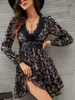 Ditsy Floral Imprimir Guipure Lace Inserir Lanterna Manga Vestido Ela