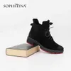 Sophitina Light Ankleブーツ快適なローヒールシルバーラウンドトゥレースアップシューズ女性ショートプラッシュ暖かい手作りブーツSC91 210513