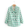 Vintage Femmes Vert Plaid Blazer Vestes Printemps-Automne Mode Dames Col Encoché Casual Femme Manteaux Filles Chic 210427