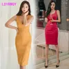 Dress women's sexy low-cut V-neck sleeveless pocket hips Polyester Office Lady Sheath Solid 210416