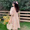 Nomikuma Japan Stil Süße Sommer Kleid Frauen Robe Femme Quadrat Kragen Puff Sleeve Kleider Chic Floral Gedruckt Vestidos 210514