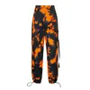 Femmes Cargo Pantalon Lâche Tie Dye Imprimer Droite Poche Bouton Up Jambe Large Pantalon Casual Basic Dames Vêtements 210522