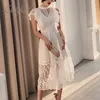 Summer Women Sweet White Lace Midi Hollow Out Embroidery Floral Ruffle Elegant Party Dress Large Size XXL 210415
