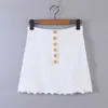 Stickad ribbad vit sommarklänning Knapp upp Casual Set Passar Sexig Crop Top Short Kjol Två Pieces Skirts 210427