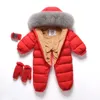 Fur Hooded Baby Girls Romper Vinter Boy Jumpsuit Down Warm Kids Onesie Fleece Barn Snowsuit Toddler Kläder Outfits 211011