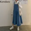 コロバフ春夏の女性のドレスプレッピースタイルポケットAライン女性ドレス韓国のハイウエストデニムvestidos 2a694 210430