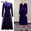 Piste designer velours col en v cristal boutons midi violet taille haute automne hiver fête dîner robes pour femmes froncé 210421