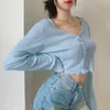 Koreanischer Stil Damen Strick Crop Tops Solide Sexy V-Ausschnitt Kurze Strickjacke Mujer Lose Langarm Dünne Pullover Frau Top Ästhetisch 210812