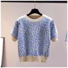 Sommar Casual Tunn Pullover Stickad tröja Kvinnor Blommigryck Loose Pull Femme Koreanska Chic Puff Sleeve Sweet Jumper Sueter Toppar 210514