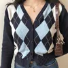 Shintimes Krótkie kobiety sweter Argyle Button Cardigans Spadek Zima Moda Z Długim Rękawem Dzianiny V-Neck High Elastic 210615