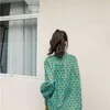 Spring Green Floral Print Long Sleeve Oversized Shirt Women Button Up Bow Neck Korean Fashion Tops And Blouses 210427