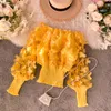 Chic 3d Flower Short Blouses Women Solid Off Shoulder Sexy Tops Blusas Puff Sleeve Elegant Banquet Shirts Korean 13894 210415