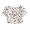 Tatlı Kadın Kare Yaka Kruvaze Bluz Yaz Moda Bayanlar Sevimli Gömlek Kadın Keten Çiçek Printed 210515