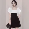 Kore chic kare yaka mini elbise kadınlar için yaz puf kısa kollu ince yüksek bel patchwork vestidos femme 210520