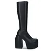 Punk Stil Sonbahar Kış Çizmeler Elastik Mikrofiber Ayakkabı Kadın Ayak Bileği Yüksek Topuklu Siyah Kalın Platform Uzun Diz 210910