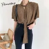 Yitimuceng Vintage Blouse Women Oversize Leopard Lace Up Chiffon Shirts Korean Fashion Short Sleeve Gray Coffee Tops Summer 210601