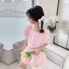 女の子の服セットピンク色のブラウスのシャツと子供のためのスカート子供のための子供たちの夏の服スーツ2-8年歳の子供韓国の服210715