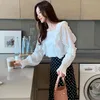 Outono coreano frouxo flare manga longa quadrado colarinho branco camisa ruffles magro macacão para mulheres vintage ropa de mujer 10695 210521