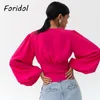 Foridol Lantern Sleeve Vit Blus Toppar V Neck Button Up Crop Spring Autumn French Style Casual Shirts 2021 Kvinnors Blusar