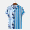 Men Casual Shirt Printing Striped Patchwork Streetwear Lapel Camisas Short Sleeve Fashion Mens Hawaiian Shirts S-5XL