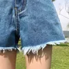 Qoerlin retro rasgado verão mulheres largura perna azul shorts jeans casuais streetwear feminino solto jeans de borla sólida shorts plus size 210412