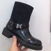 Kadın Şövalye Dizi Martin Çizmeler Yeniden Naylon Fırçalanmış Deri Ayak Bileği Boot En Kaliteli Siyah Bez Tıknaz Topuklu Platformu Ayakkabı Slip-on Kutu 334 ile Yüksek-Yüksek Savaş Patiği