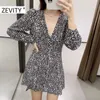 Zeefity vrouwen vintage v-hals dier textuur print een lijn jurk vrouwelijke lange mouw kimono vestidos chic casual slanke jurken DS4491 210603