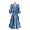 Summer Women Vintage V-Neck Dress 3/4 Sleeve Elastic waist Floral Print Female Elegant Loose Street vestidos 210513