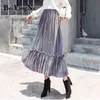 Jesień Zima Plisowana Spódnica Kobiety Aksamitne Ciepłe Patchwork Wysoka Talia Maxi Długie Moda Vintage Chic Casual Damska 210506