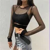 2020 Nieuwste Hot Vrouwen Sexy Crop Top Sheer Mesh Visnet Lange Mouwen T-shirts Vrouwelijke Sexy Hollow Out Stretch t-shirt Clubwear X0628